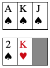 spade ace king jack across spade 2 heart king and one
card